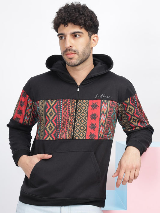 Men's Fleece Half Geometric Print Hoodie