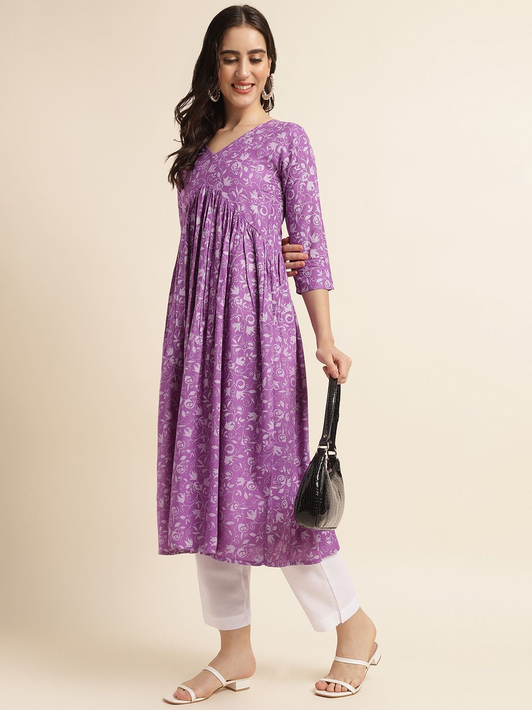 Fabclub Rayon Anarkali Printed Women Kurti (Purple)